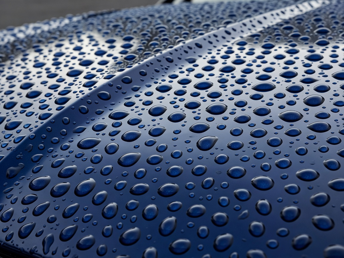 Close up of tight water beads resting on a dark blue car bonnet, demonstrating the hydrophobic effect of a ceramic coating.