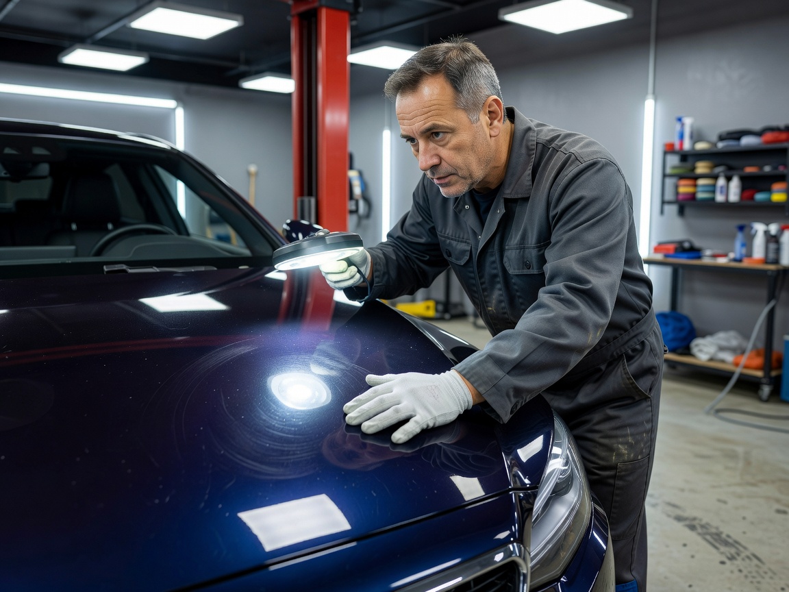 A technician closely inspecting vehicle paintwork under bright workshop lighting to assess condition.