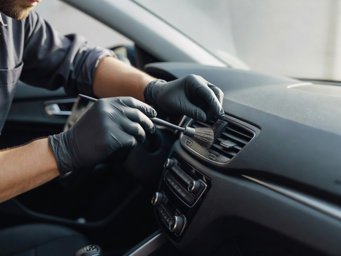 A detailer using a soft brush to clean dust from the intricate areas of a vehicle's dashboard and air vents.