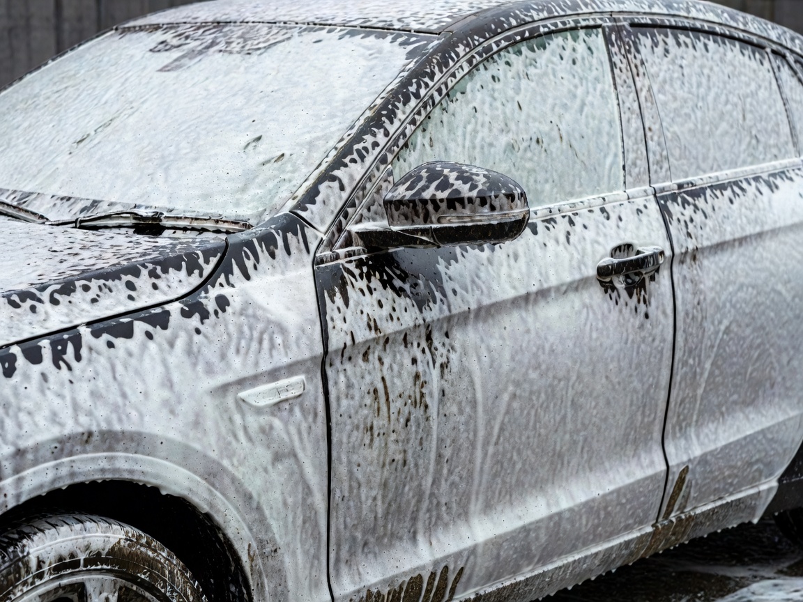 Thick snow foam applied to a dark vehicle, dwelling on the surface to loosen road grime before the contact wash phase.
